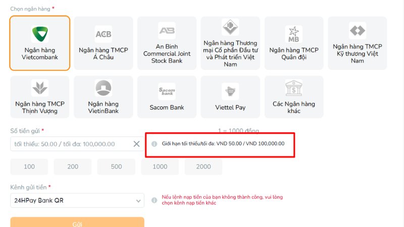 Kiểm tra kỹ mức quy định trước khi nạp tiền BK8