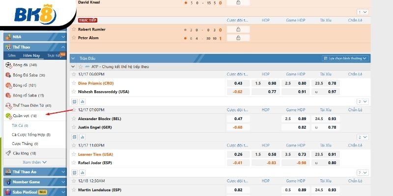 Cá cược tennis BK8 hấp dẫn người chơi 
